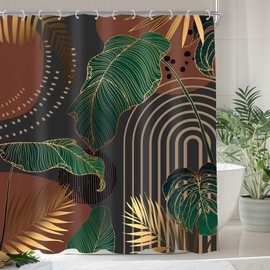 Green Boho 60Wx72H Shower Curtain Mid Century Tropical Monstera Emerald Gold Palm Leaf Plant Simple Summer Modern Abstract Bathroom Curtain Set Minimalist Bath Bathroom Accessories Decor
