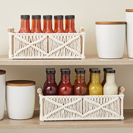 Okuna Outpost Set of 2 Macrame Storage Baskets, Woven Bins with Wood Handles for Home Decor (Ivory)