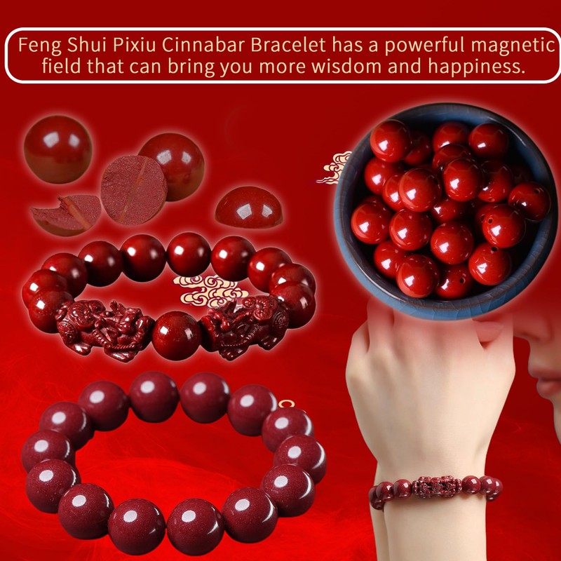 Feng Shui Pixiu Cinnabar Bracelet, Red Cinnabar Feng Shui Wealth