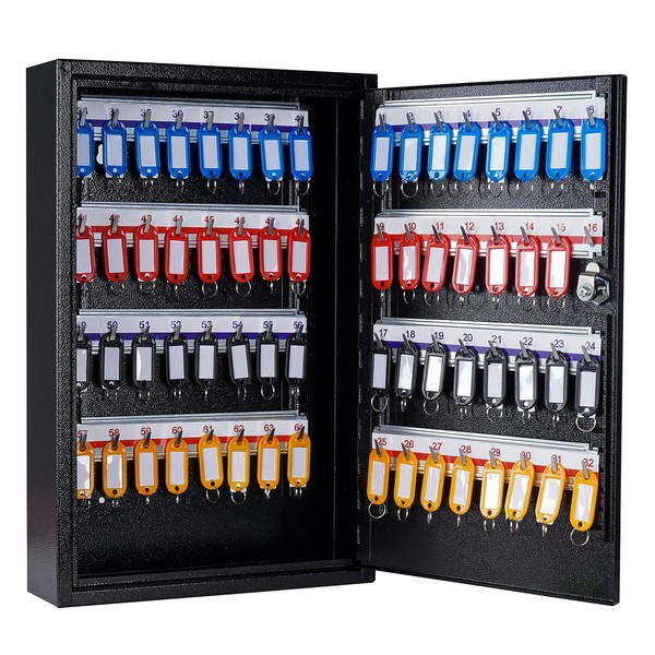 UMEKEN Key Box Wall Mount 64 Position Metal Valet Key Cabinet Lock Box with Key Tags, Key Holder Lockbox Key Organizer Safe Storage Locker Box, Black, 11.81" x 3.15" x 17.72"