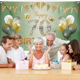 70th Birthday Decorations for Women Men, 70th Birthday Banner, 70th Birthday Backdrop Party Decorations, Sage Green Gold Happy 70th Birthday Banner Background for Birthday Anniversary Party Supplies