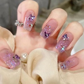 Hkanlre Press on Nails Square Medium Gradient Bling Fake Nails Tips Full Cover Purple False Rhinestones Nails for Women 24PCS