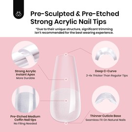 beetles Gel Polish Beetles Tipex Instant Apex Nail Tips, 512Pcs Medium Coffin Pre-Building & Pre-Etched Tipex Gel Nail Tips, Thick Strong Half Matte Acrylic Nail, 16 Sizes for Flat Nails Press on Nails Gift for Women