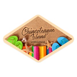 Die Cut Sticker Chincoteague Island, Virginia, Flip Flops on Beach, Contour Vinyl Sticker 1 to 3 inches (Waterproof Decal for Cars, Water Bottles, Laptops, Coolers), Small