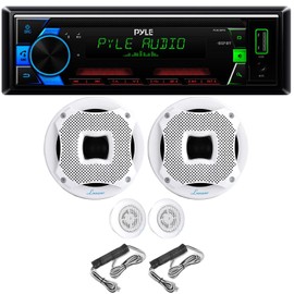 Pyle PLML50FB Single DIN Bluetooth 30 Preset Station Memory MP3/USB/AUX/AM/FM Radio Stereo Car Audio Receiver Bundle Combo with 2X 6.5 450 Watt Peak Power 2-Way White Audio Component Speakers