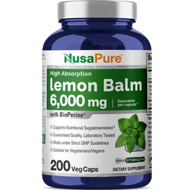 NusaPure Lemon Balm 30:1 Extract, 200 mg Equivalent to 6000mg Per Vegan Caps - 200 Count Non-GMO, Vegan Bioperine