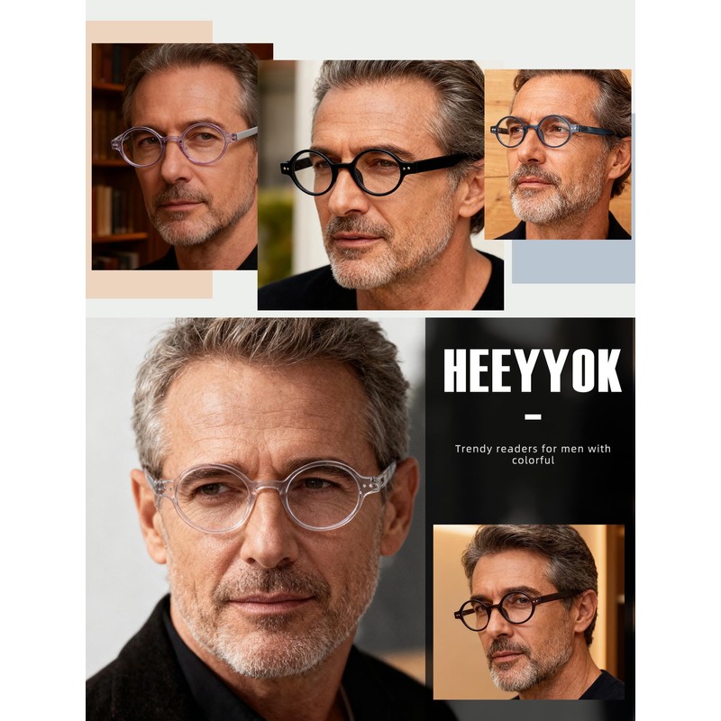 HEEYYOK 2.0 Round Reading Glasses For Women Men 5-Pack,Spring Hinge,Retro