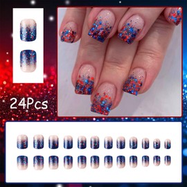 4th of July Press on Nails Short Square Fake Nails Blue Red Sequins Glitter French Glue on Nails Independence Day False Nails Glossy Artificial Nails Patriotic Full Cover Stick on Nails for Women