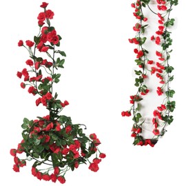 KEAIDUO 2 Pack 6.07FT (185cm) Artificial Flowers Garland Rose Vine Hanging Flowers for Decorations, Faux Rose Flowers with Realistic Design for Home Garden, Wedding Party Red