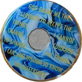 2 Year AA Medallion Abstract Blue White Swirl Tri-Plate Sobriety Chip