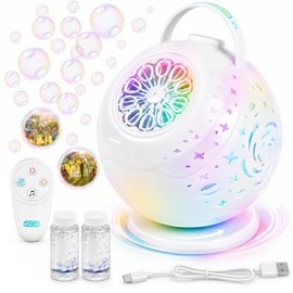 Rechargeable Galaxy Bubble Machine for Kids, 90°/360° Rotating Bubble Maker with Remote Control, 7-Color LED Light, 420ml Tank, Type-C Bubble Blower for Birthday Party, Wedding, Outdoor Play