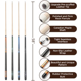 Winucue Billiard Cues Sticks Set of 4, 58" Pool Cues Canadian Maple Wood Leather Pattern Grip 18 19 20 21 oz Pool Cue Stick for Bar House Pool Table Sports