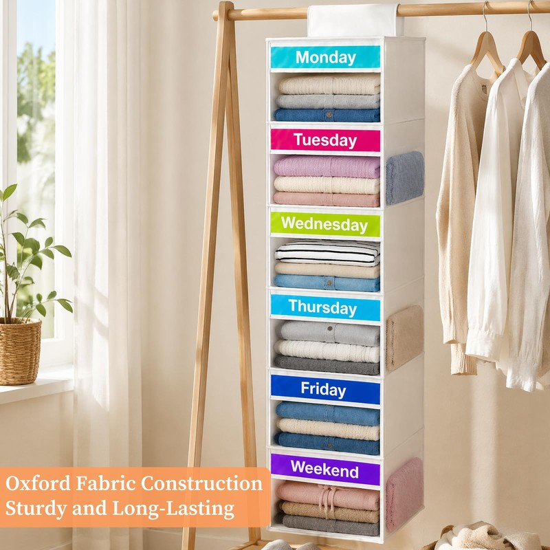 Weekly Clothes Organizer for Closet, 6-Shelf Hanging Closet Organizer with