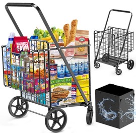 455lbs Shopping Cart for Groceries, Large Heavy Duty Grocery Cart on Wheels, Folding Dual Basket Utility Carts with Waterproof Liner, Shopping Carts for Transport, Laundry, Gift, Luggage