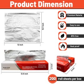 [200 Count] 12" x 10.75" Pre-Cut Deli Aluminum Pop Up Foil Sheets, Precut Foil Sheets for Storing, Restaurant, Hot Dog or Sandwich, Cooking Food, Premium Aluminum Foil Wraps, Single Foil Sheets