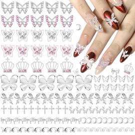 110 Pcs Silver Butterfly Nail Charms, 3D Butterflies Cross Crown Nail Gems and Charms, Multi Styles Shiny Butterfly Charms for Nails Silver Nail Bow and Charms for Women DIY Crafts Accessories