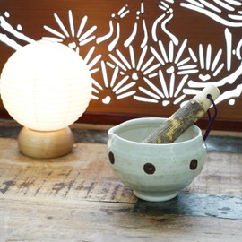 Traditional Japanese Mini Sesame Seed Grinder with Pestle - Mino Takada-yaki Ceramic - Deep Amber - Ideal for Dressings and Sauces (Candy Polka Dot White)