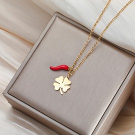 Dreamtimes Italian Horn Chain for Women Four Leaf Clover Pendant Necklace Red Pepper Necklace Amulet Pendant Necklaces Lucky Charm Pendant Talisman Protective Jewelry, Medium, Stainless Steel, No