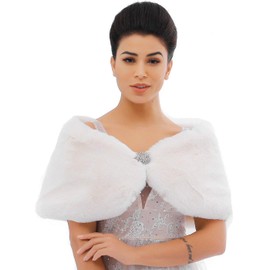 JAKAWIN Women’s Faux Rabbit Fur Wraps and Shawls Bride Wedding Fur Stole Bridal Fur Shrug for Women (M-L,White)