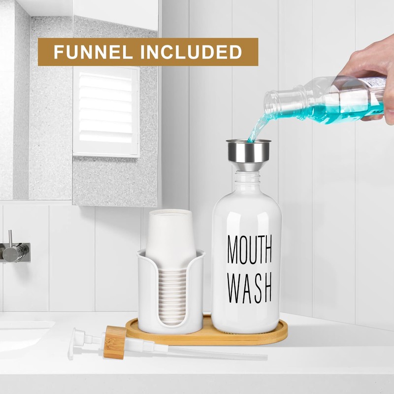 Glass Mouthwash Dispenser with Cup Holder - 16 oz Pump