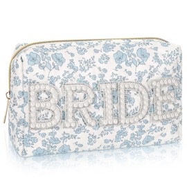 Sunnymove Large Quilted Cotton Bride Patch Letter Floral Makeup Bag for Women Bridesmaid Engagement Gift Bag Pouch Purse Bridal Shower Gifts for Engagement Wedding(8.1" X 5.1" X 2.8",Bride)