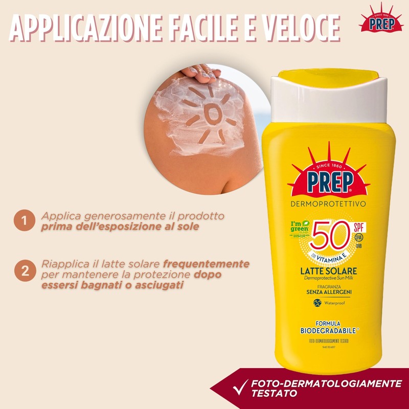 Prep, Latte Solare Dermoprotettivo SPF50, Con Glicerina e Vitamina E,