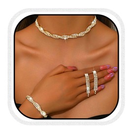 Reaky Bridal Jewelry Sets Silver Rhinestone Necklace 3 Pcs Bride Jewelry Necklaces Wedding Accessories for Women (3 Pcs Gold, One size)