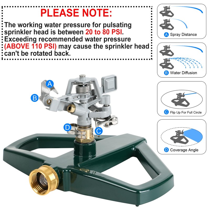 STYDDI Sprinklers for Yard, Metal Impact Sprinkler with Metal Base,