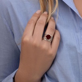 925 Sterling Silver Ring with Round Cubic Zirconia - Prong Vintage Design Statement Ring - Hypoallergenic, Nickel & Lead-free - Artisan Handcrafted Designer Collection - Made In Israel - Garnet