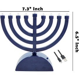 Blue Mini Electric Classic Menorah, Classic Hanukkah Menorah, 7.3" Inch LED Travel Menora, Batteries or USB Powered, Micro USB 4' Ft. Cable Included