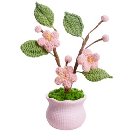NUKAYAI Knitting Crochet Flowers Potted Flower, Fake Forget Me Not Flowers Gift for Teacher, Friend, Family and Lover, Cute Decor for Room, Car Dashboard, Home Office Decoration(Pink Peach Blossom)