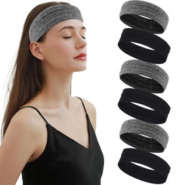6 Pack Sweat Bands Headbands for Women Men Workout, Women's Fashion Non Slip Headband Stretchy Elastic Moisture Wicking Sweatband for Sports Running Athletic Yoga Hiking (Black and Gray)