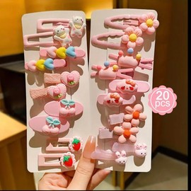 Baby Kid Girl Cute Hair Accessories Set, 20 Pieces, Pink and White Floral DesignCute Cartoon Hair Clips For Girls, Pink Assorted Designs BB Hairpins, Fashion Accessories, Lovely Hair Accessories