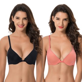 Curve Muse Women's Plus Size Full Coverage Underwire Front Close Bras-2PK-Black,Orange-46B