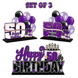 LINGTEER Happy 50th Birthday Purple Acrylic Table Topper Centerpieces Set - Cheers to Fifty Years Old Birthday 50th Bday Party Gift Decorations.