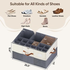 MSTONAL Shoe Organizer for Closet, 2 Pack Shoe Storage Containers with Adjustable Dividers, Space Saving Shoe Box Storage Organizers Bins with Clear Lid & 4 Handles, Fits 24-48 Pairs, Beige & Grey