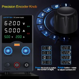 DC Power Supply Variable 62V 5A, Bench Power Supplies with Encoder Adjustments Knob, USB Fast Charge Port with Output Current Display, 4-Digit LED Display