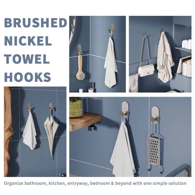 Adhesive Towel Hooks for Bathrooms 4 Pack Brushed Nickel Stainless