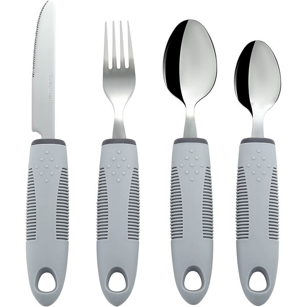 Adaptive Utensils (4-Piece Kitchen Set) Wide, Non-Weighted, Non-Slip Handles for Hand Tremors, Arthritis, Parkinson’s or Elderly Use - Stainless Steel Knife, Fork, Spoons - Grey