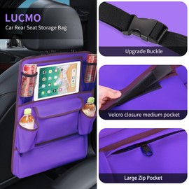 LUCMO Car Backseat Organizer with Touch Screen Tablet Holder,9 Storage Pockets Car Storage Organizer,Protectors Kick Mats Travel Accessories for Kids-Dark Purple
