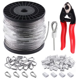 Glarks 72Pcs 1/8" 300ft Stainless Steel Wire Rope Cable Set Includes 8" Heavy Duty Cable Cutter and 50Pcs Aluminum Crimping Loop Sleeve with 20Pcs M3 Wire Rope Thimbles Set for DIY Deck Stair Rail
