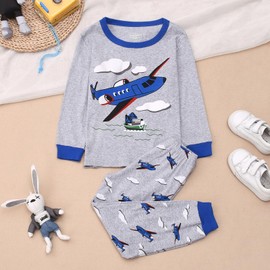 Gumyoss Boys' Pyjamas Children's Pyjamas Dinosaur Digger Long Sleeve Cotton Winter Sleepwear 98 104 110 116 122 128 134, Grey/Aeroplane