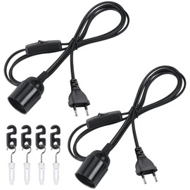 DiCUNO E27 Lamp Holder with Switch, E27 Lamp Base with 2M Power Cord and EU Plug, for Lamp Hanging, Pendant Lights, Ceiling Lamps, DIY Projects, Black, Pack of 2