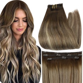 Full Shine Clip in Hair Extensions Human Hair 50Gram 3Pcs Lace Clip in Human Hair 16 Inch Balayage Brown Fading to Blonde Highlighted Brown Double Weft Straight Hair Extensions for Women