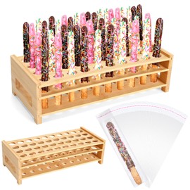 Funnymoom Pretzel Rod Holder and 100 Pcs Bags Plastic Clear Pretzel Sticks Stand up to 40 Rods for Wedding Birthday Treat Parties(Wooden)