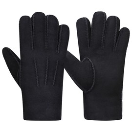 Harssidanzar Men Leather Gloves,Suede Lambskin Shearling Fur Cuff Thick Wool Lined Heated Warm for Winter Cold Weather Dress Driving Gloves KM043UK,Black,Size L