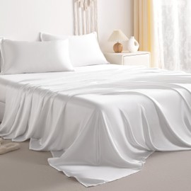 NTBAY Silk Satin Twin XL Sheet Set, 3-Piece Luxury and Soft Bedding Set Cooling Silky Sheets for Hair and Skin, Includes 1 Pillowcase, 1 Flat Sheet, 1 Fitted Sheet with Deep Pocket, White