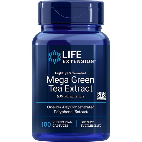 Life Extension Lightly Caffeinated Mega Green Tea Extract 98% EGCG Polyphenols Powerful Cellular, Heart & Brain Health Supports Already-Healthy Cholesterol Levels & Healthy Inflammatory Response - Gluten-Free, Non-GMO — 100 Vegetarian Capsules