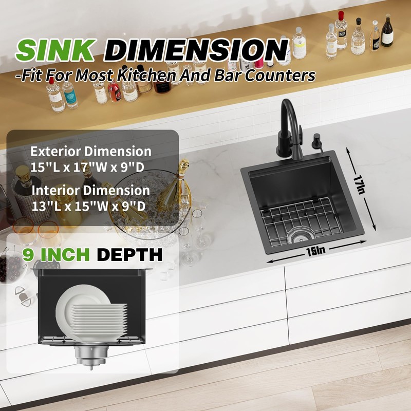 Black Kitchen Sink Workstation, 15x17 In Stainless Steel Undermount Modern