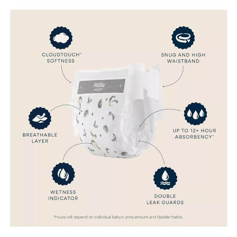 Millie Moon Overnight Diapers(Size-4 and count-58) Diaper Weight Range: 22
